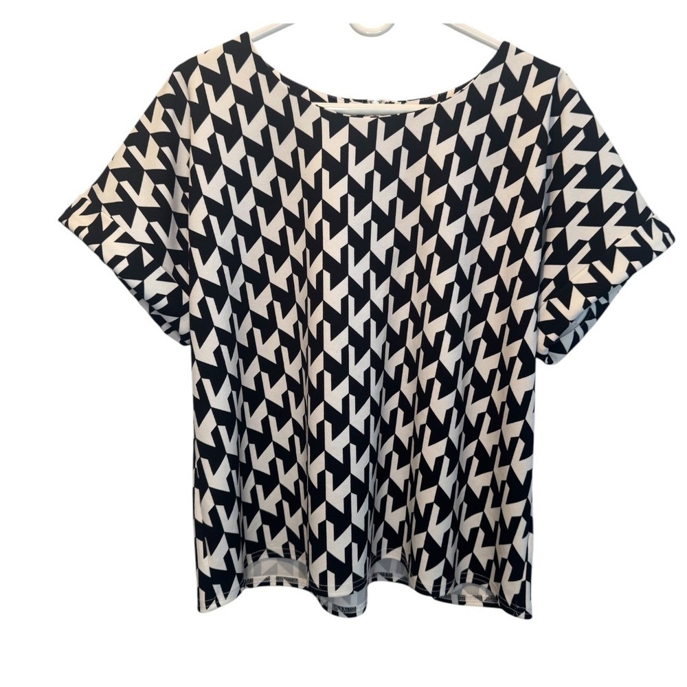 Melloday Black White Geometric Chevron Short Sleeve Top Large Casual Business